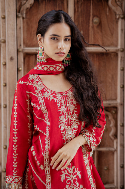 Ruby Red Embroidered Palazzo Set
