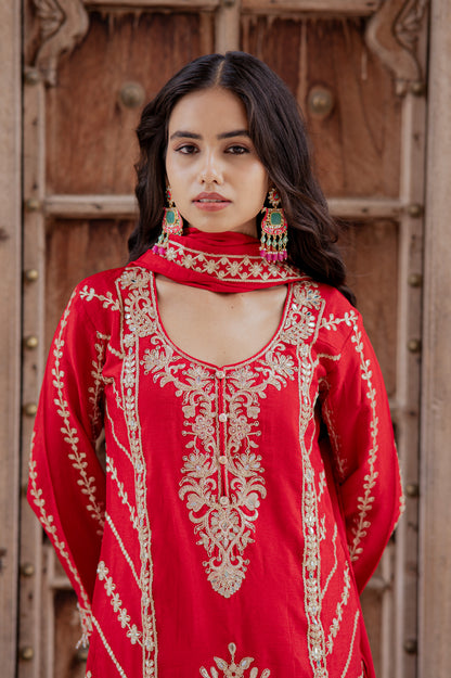 Ruby Red Embroidered Palazzo Set