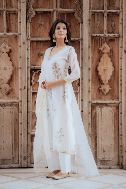 Floral White Chanderi Suit Set