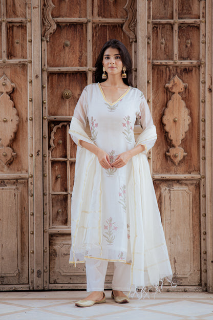 Floral White Chanderi Suit Set