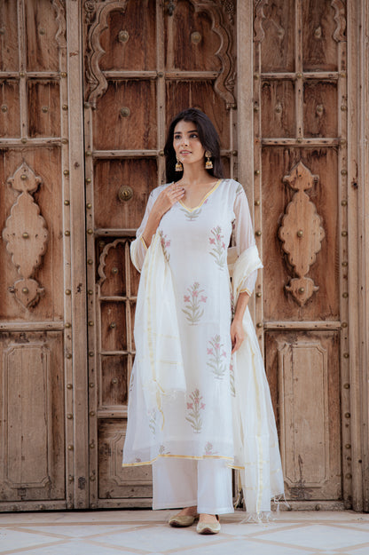 Floral White Chanderi Suit Set