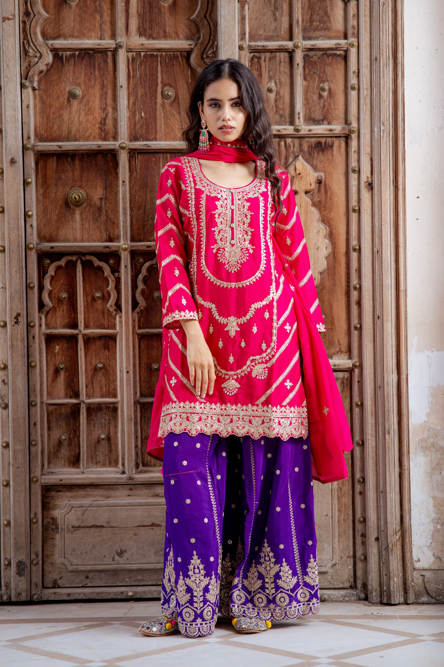 Meher Rani Pink and Royal Purple Embroidered Sharara Set