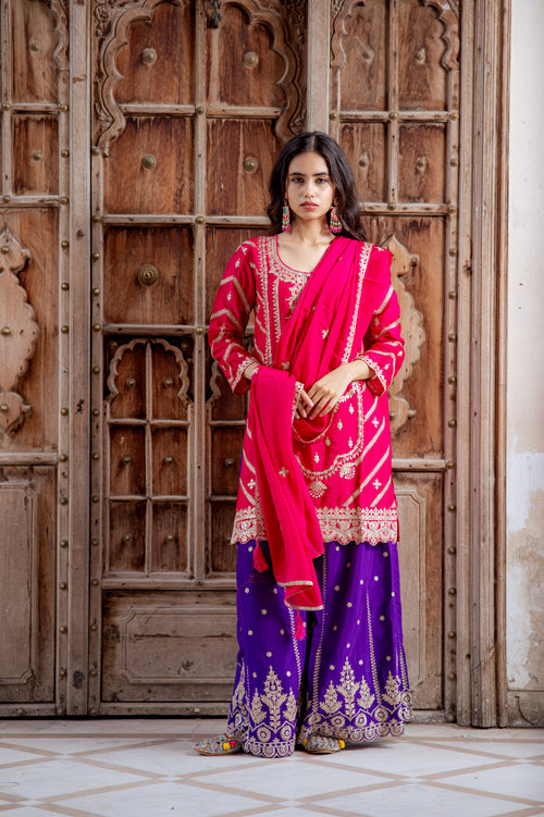 Meher Rani Pink and Royal Purple Embroidered Sharara Set