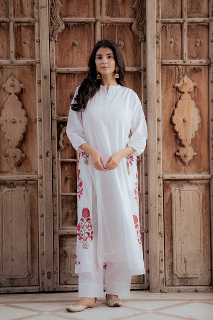 Swan White Suit Set with Mughal Block Print