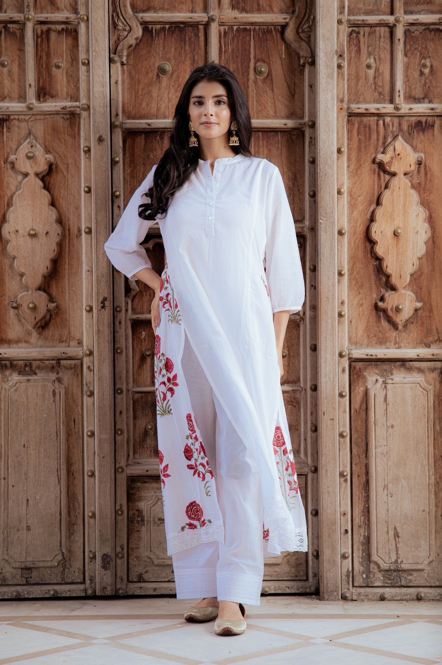 Swan White Suit Set with Mughal Block Print