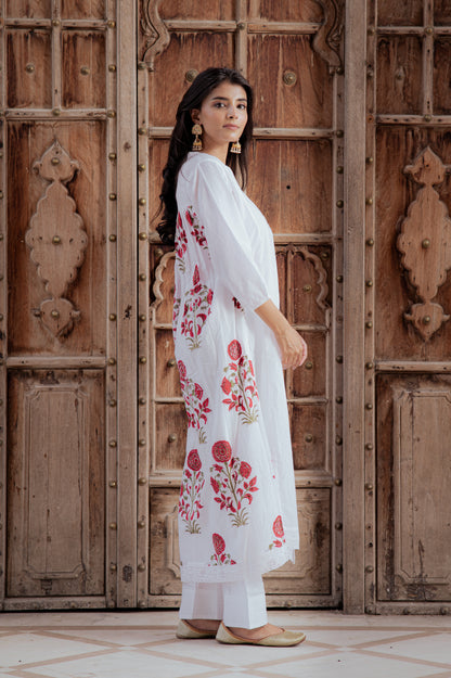 Swan White Suit Set with Mughal Block Print