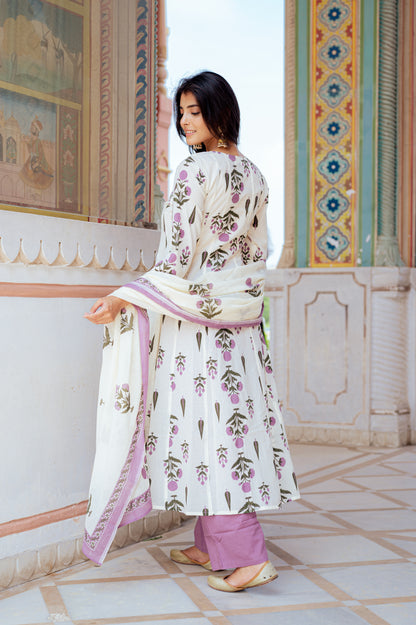 Ivory Floral Handblock Kurta Set with Lilac
