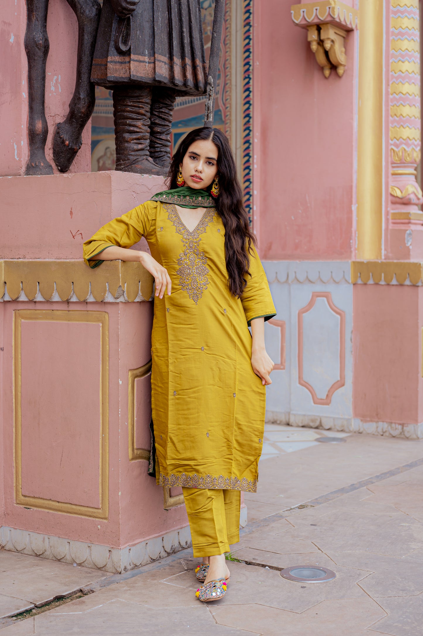 Mustard Silk Embroidered Kurta Set with Green Dupatta