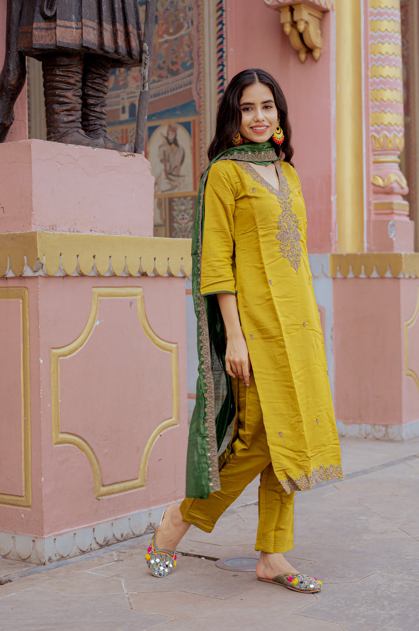Mustard Silk Embroidered Kurta Set with Green Dupatta