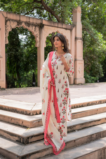 Ivory Pink Block Printed Suit Set