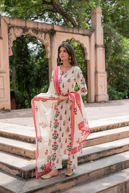 Ivory Pink Block Printed Suit Set