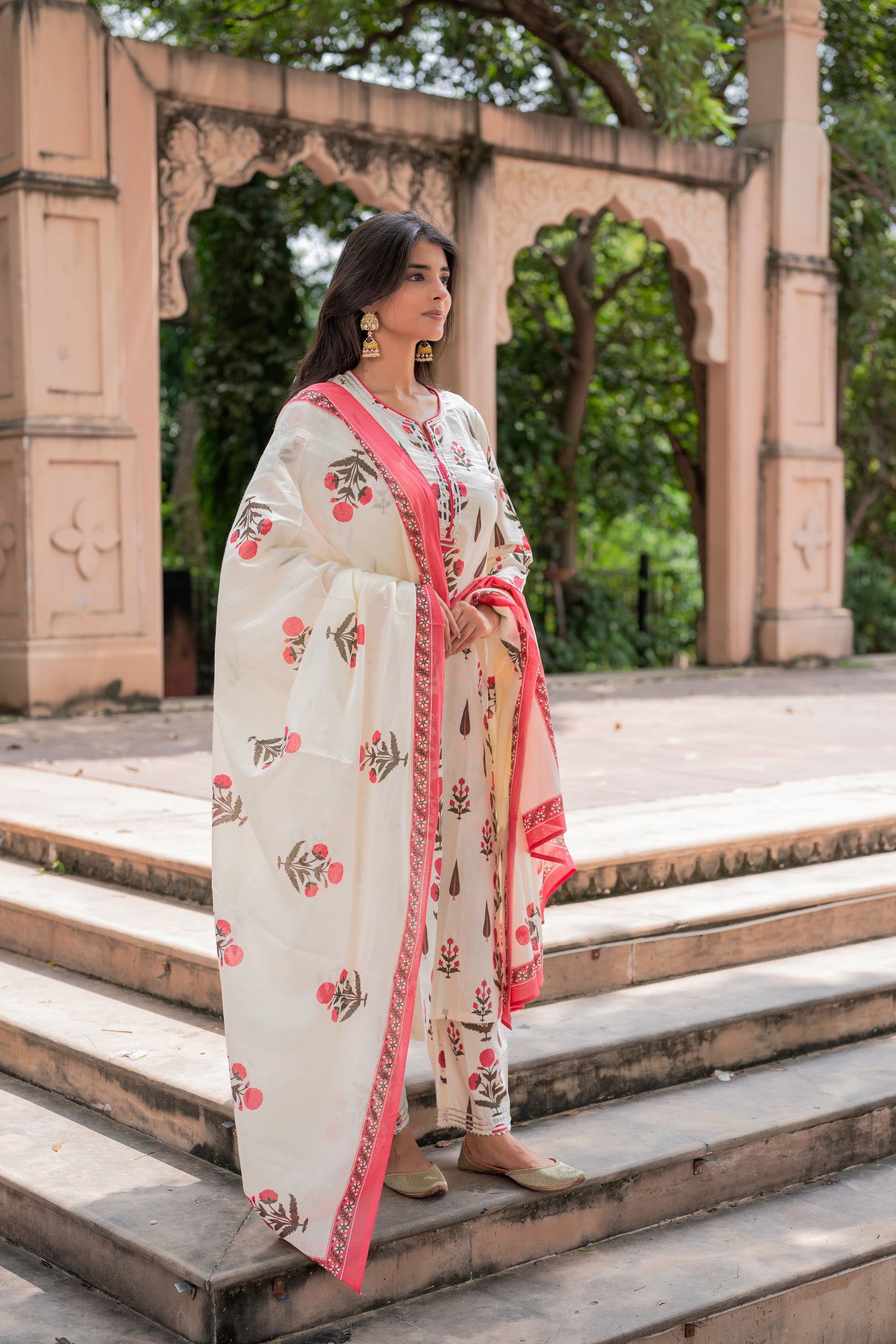 Ivory Pink Block Printed Suit Set