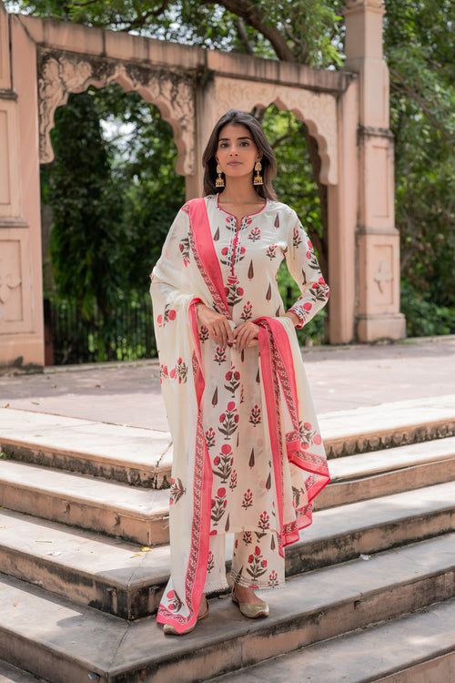 Ivory Pink Block Printed Suit Set