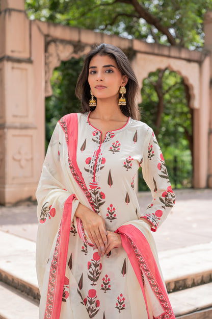 Ivory Pink Block Printed Suit Set
