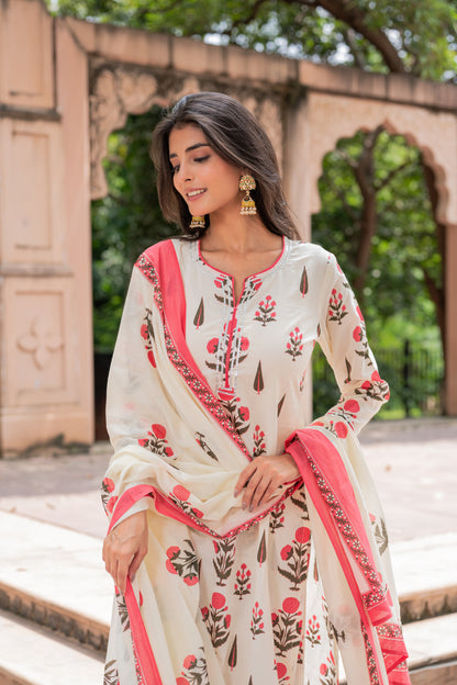 Ivory Pink Block Printed Suit Set