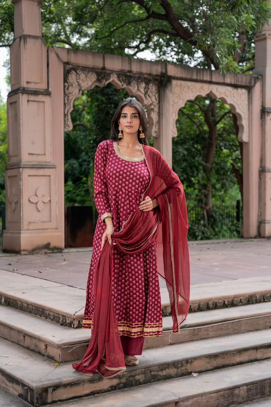 Maroon Block Printed Anarkali Suit Set