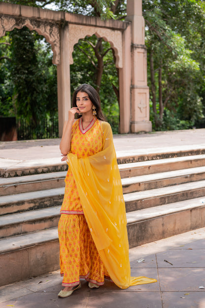 Mustard Yellow Block Printed Sharara Set
