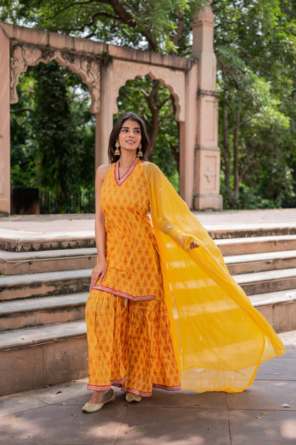 Mustard Yellow Block Printed Sharara Set