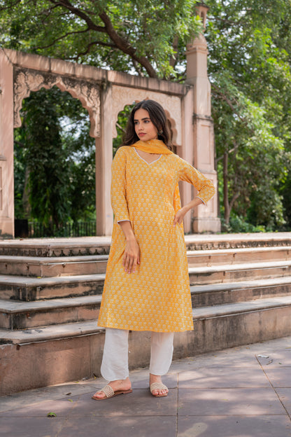 Mustard Floral Kurti Set
