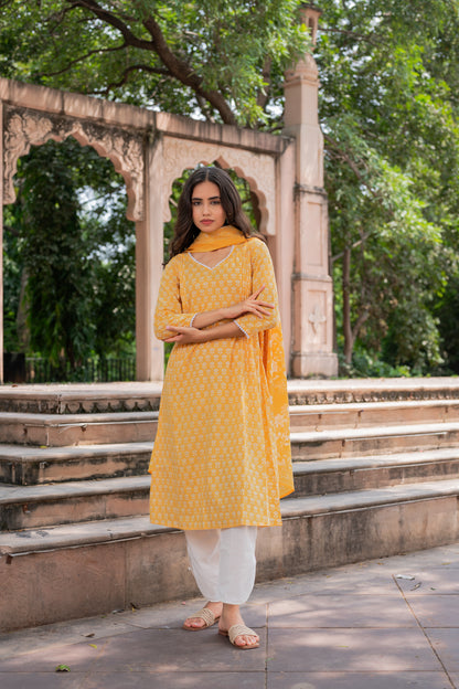 Mustard Floral Kurti Set