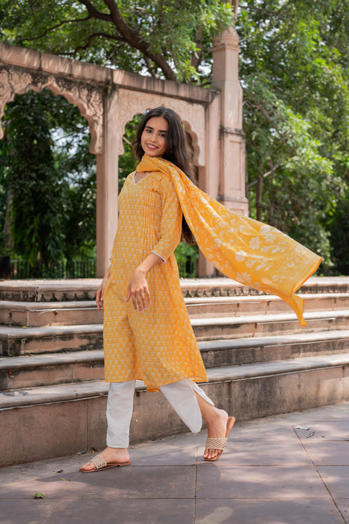 Mustard Floral Kurti Set