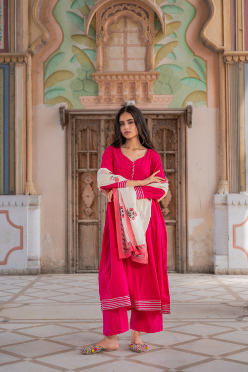 Fuchsia Pink Kurta Set With Mughal Block Print Dupatta Set