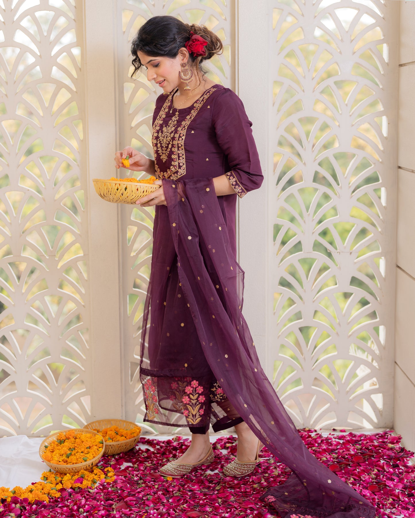 Plum Floral Embroidered Kurta With Trousers And Dupatta
