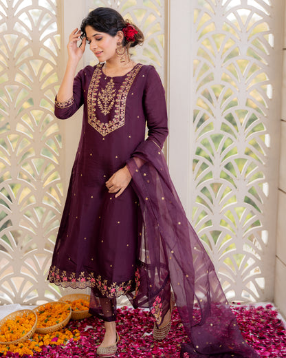 Plum Floral Embroidered Kurta With Trousers And Dupatta