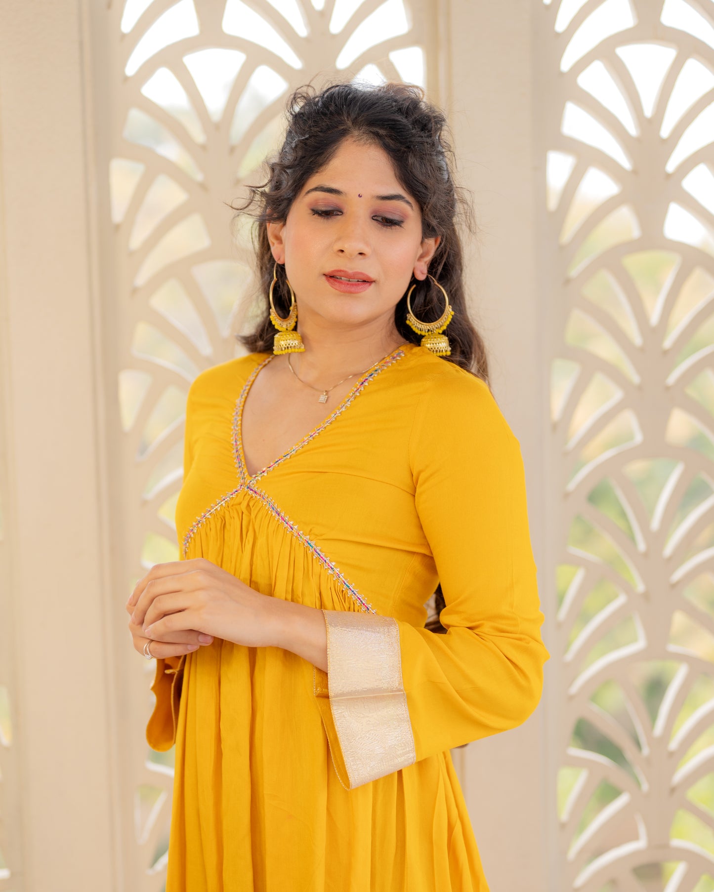 Mustard Yellow Embroided Empire Cotton  Suit Set