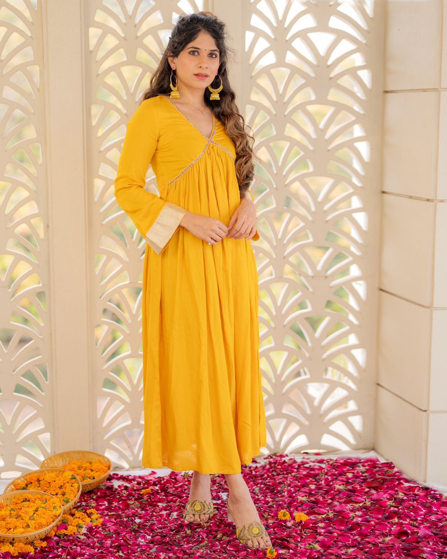 Mustard Yellow Embroided Empire Cotton  Suit Set
