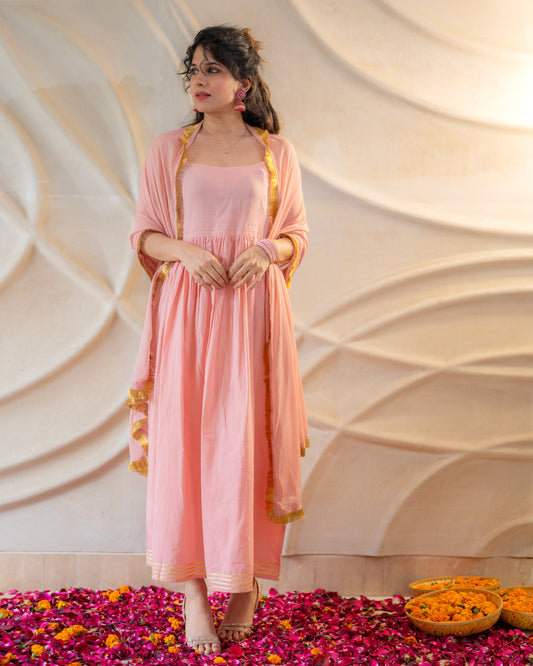 Powder Pink Anarkali Suit Set With String Straps