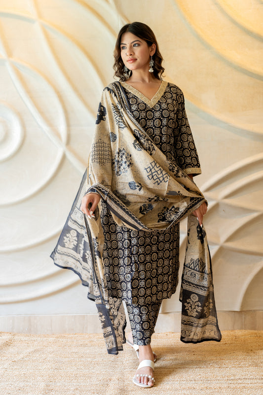 Black Block Printed Suit set ( Set Of 3 )