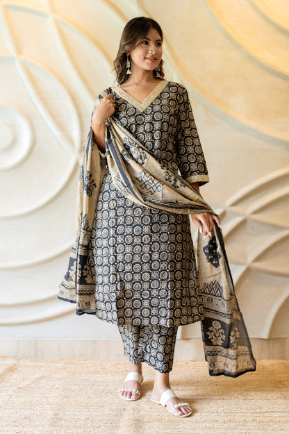 Black Block Printed Suit set ( Set Of 3 )