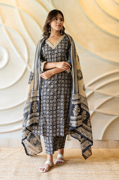 Black Block Printed Suit set ( Set Of 3 )