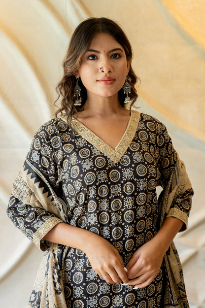 Black Block Printed Suit set ( Set Of 3 )