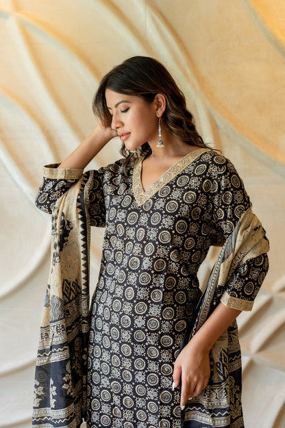 Black Block Printed Suit set ( Set Of 3 )