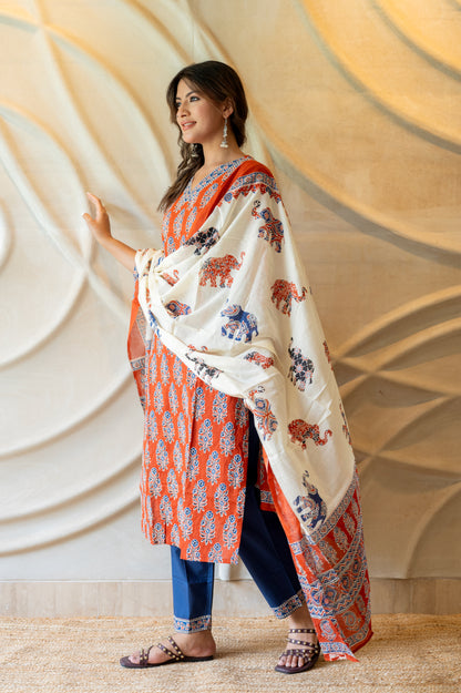 Red Blue Block Printed Suit Set