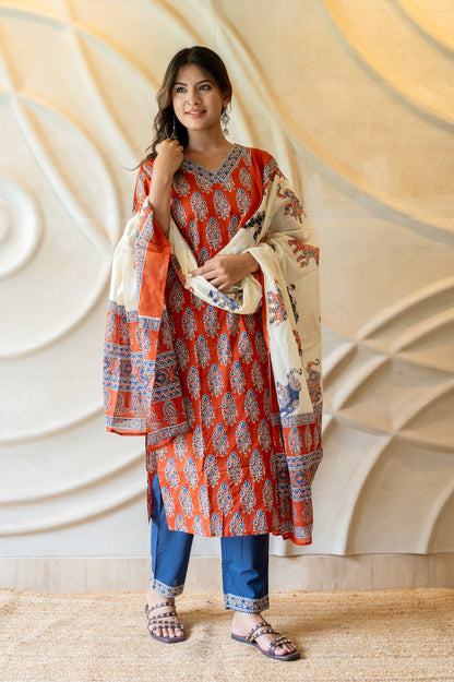 Red Blue Block Printed Suit Set