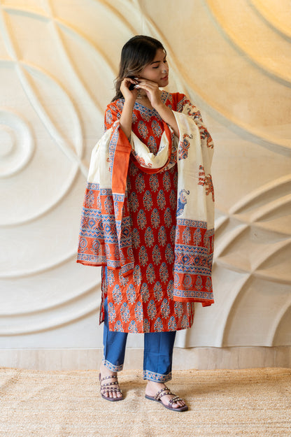 Red Blue Block Printed Suit Set