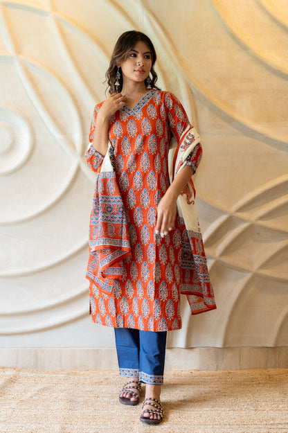 Red Blue Block Printed Suit Set