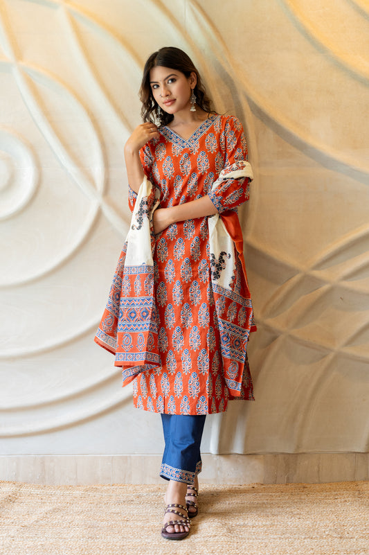 Red Blue Block Printed Suit Set
