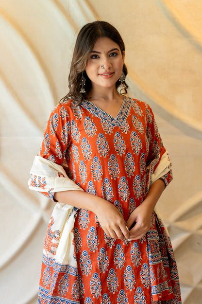 Red Blue Block Printed Suit Set