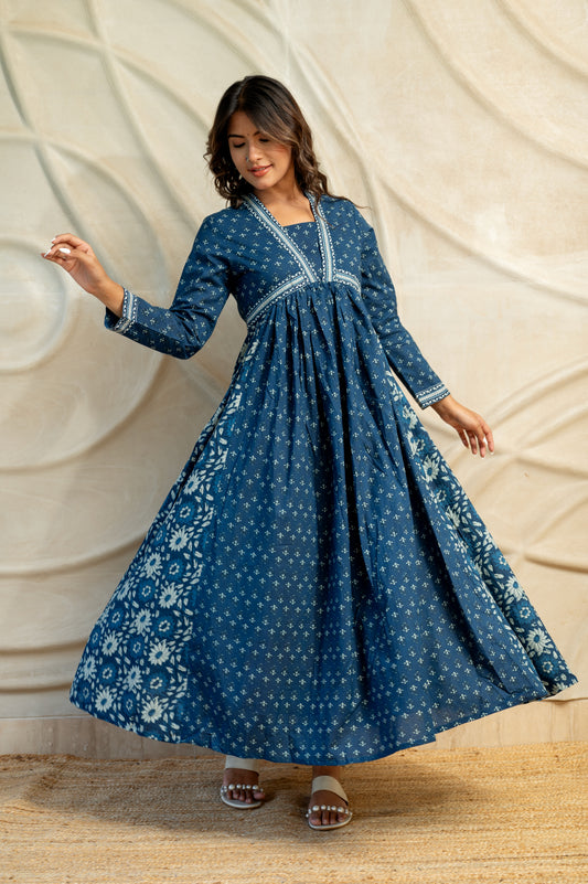 Blue Block Printed Kurti Dress