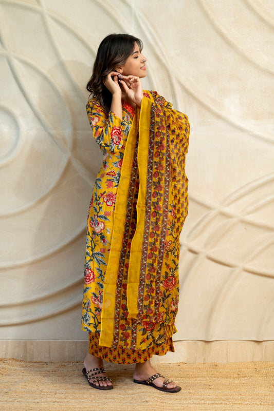 Mustard Yellow Printed Suit Set ( Set of 3)