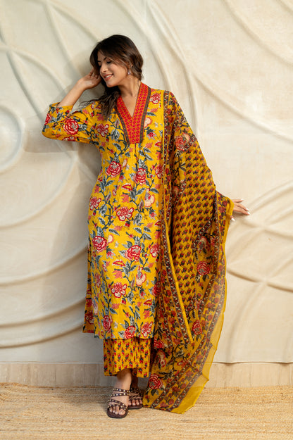 Mustard Yellow Printed Suit Set ( Set of 3)