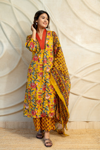 Mustard Yellow Printed Suit Set ( Set of 3)