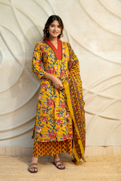 Mustard Yellow Printed Suit Set ( Set of 3)