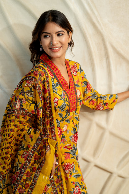 Mustard Yellow Printed Suit Set ( Set of 3)