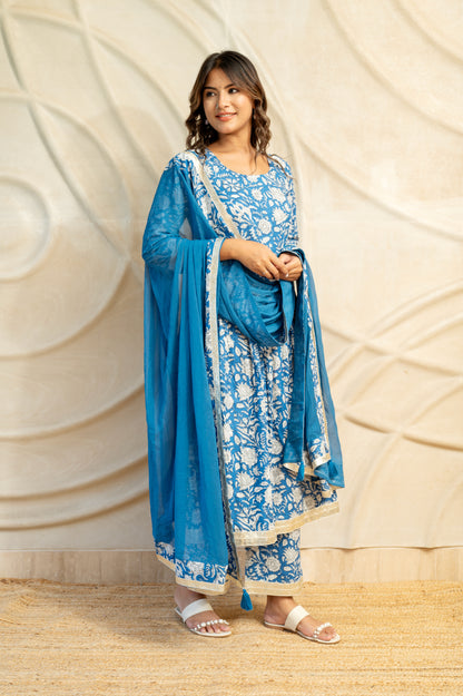 Blue Block Printed suit set ( Set Of 3 )