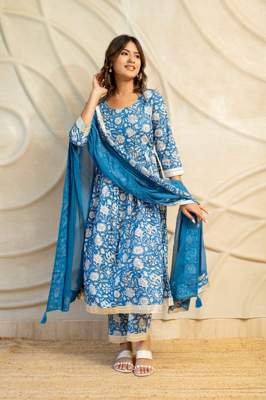 Blue Block Printed suit set ( Set Of 3 )